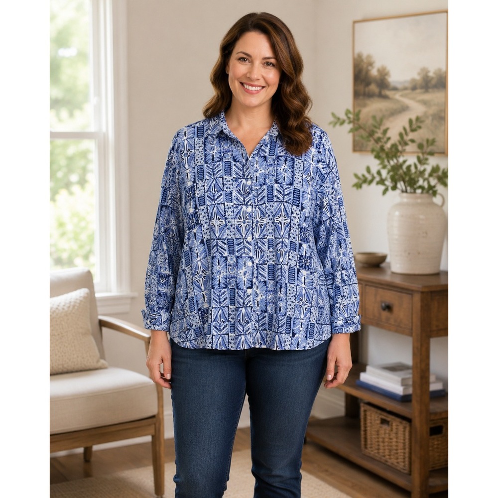 Appleseed's Cotton Button Shirt Womens Large Blue Boho Lightweight Breathable